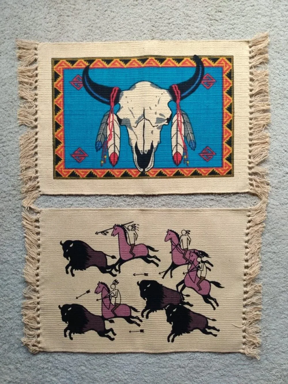 Southwestern Cotton Placemats Set of 2 Steer Skull Buffalo Hunt Fringed NWOT New